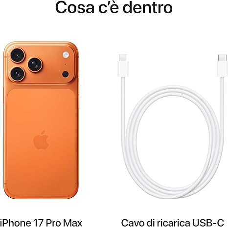Apple iPhone 17 Pro Max 256 GB: display 6,9", ProMotion fino a 120Hz, chip A19 Pro, autonomia mai vista su iPhone, sistema di fotocamere Pro Fusion, fotocamera frontale Center Stage; Arancione cosmico