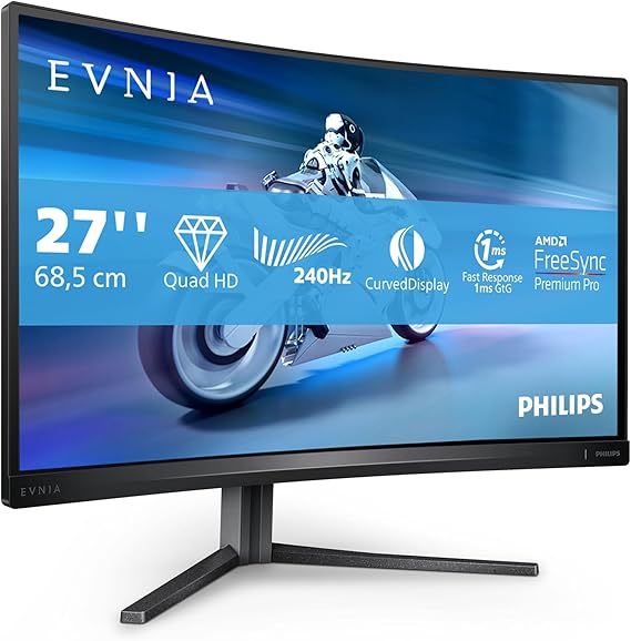 PHILIPS Evnia 27M2C5500W - Monitor da gioco curvo QHD da 27 pollici, 240 Hz, HDR400, 1 ms GtG, FreeSync Premium Pro (2560x1440, HDMI, DisplayPort, USB Hub) grigio scuro