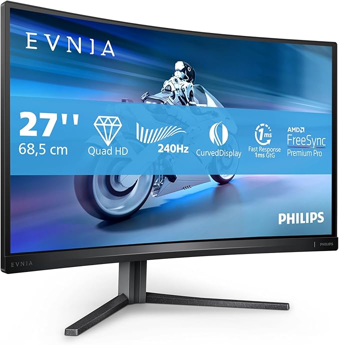 PHILIPS Evnia 27M2C5500W - Monitor da gioco curvo QHD da 27 pollici, 240 Hz, HDR400, 1 ms GtG, FreeSync Premium Pro (2560x1440, HDMI, DisplayPort, USB Hub) grigio scuro