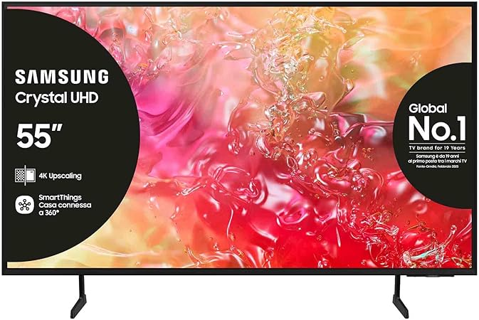 Samsung TV UE55DU7170UXZT LED 4K, Smart TV 55" Crystal Processor 4K, Slim Look, DVBT-2, Q-Symphony & OTS Lite, Integrato con Bixby, compatibile con Alexa e Google Assistant, Black 2024