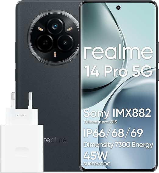 realme 14 Pro 5G Smartphone, 12 + 512GB, Cellulare, Chipset Dimensity 7300 Energy 5G, IP69, 50 MP Sony IMX882 OIS Fotocamera, Display 120Hz, Batteria da 5260 mAh, Grigio(Con Adattatore)