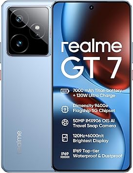 realme GT7 5G Smartphone, 12 GB+512 GB, Densità 9400e Flagship 5G Chipset, 7000 mAh batteria, 120 W di carica, 50MP IMX906 OIS della macchina fotografica, 120 Hz 6000nit Display, IP69, Blue rr