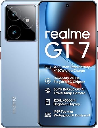 realme GT7 5G Smartphone, 12 GB+512 GB, Densità 9400e Flagship 5G Chipset, 7000 mAh batteria, 120 W di carica, 50MP IMX906 OIS della macchina fotografica, 120 Hz 6000nit Display, IP69, Blue rr