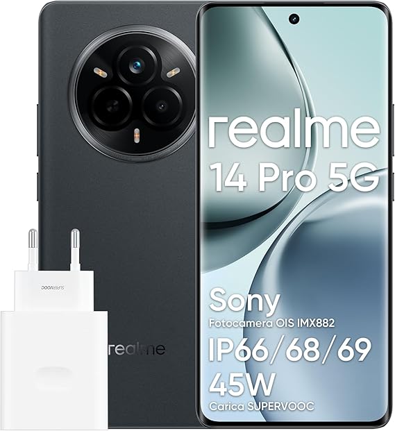 realme 14 pro 5G Smartphone, 12 + 512GB, MediaTek Dimensity 7300 Chipset, Fotocamera OIS da 50 MP, Display 3D curvo Vision da 6,77" a 120Hz, Batteria da 6000 mAh, grigio(Con adattatore)