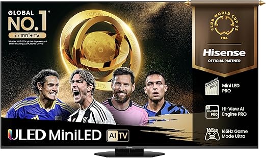 Hisense TV 65" Mini-LED 165Hz 4K 2025 65U8Q, Octagonal Stand, Dolby Atmos Multi-Channel Surround 4.1.2, Smart TV VIDAA U9 con 1000+APP, Dolby Vision IQ, HDR 10+, 165Hz Game Mode Ultra, Alexa Built-in