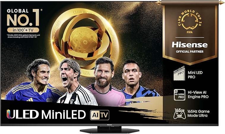 Hisense TV 65" Mini-LED 165Hz 4K 2025 65U8Q, Octagonal Stand, Dolby Atmos Multi-Channel Surround 4.1.2, Smart TV VIDAA U9 con 1000+APP, Dolby Vision IQ, HDR 10+, 165Hz Game Mode Ultra, Alexa Built-in