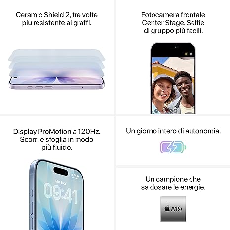 Apple iPhone 17 256 GB: display 6,3" con ProMotion, chip A19, fotocamera frontale Center Stage per selfie di gruppo più facili, più resistenza ai graffi, un giorno intero di batteria; Nero
