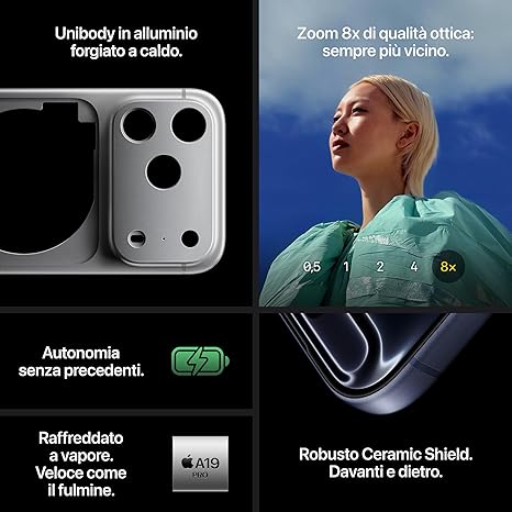 Apple iPhone 17 Pro 256 GB: display 6,3", ProMotion fino a 120Hz, chip A19 Pro, autonomia senza precedenti, sistema di fotocamere Pro Fusion con fotocamera frontale Center Stage; Blu profondo