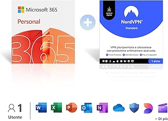 Microsoft 365 Personal | 12 mesi | 1 persona | App Office con AI & 1TB di Spazio di archiviazione OneDrive + NordVPN Standard | 10 dispositivi, 1 Anno VPN e Cybersecurity | Codice Digitale