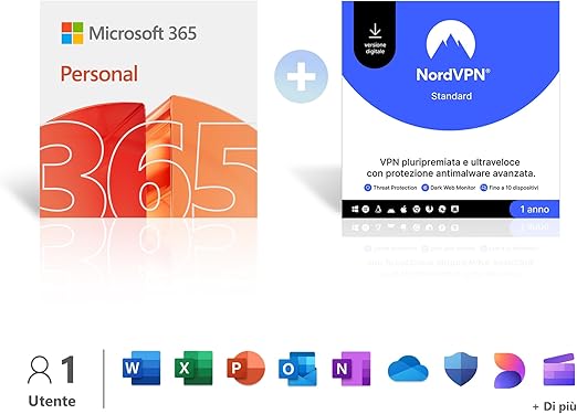 Microsoft 365 Personal | 12 mesi | 1 persona | App Office con AI & 1TB di Spazio di archiviazione OneDrive + NordVPN Standard | 10 dispositivi, 1 Anno VPN e Cybersecurity | Codice Digitale