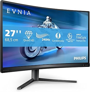 PHILIPS Evnia 27M2C5500W - Monitor da gioco curvo QHD da 27 pollici, 240 Hz, HDR400, 1 ms GtG, FreeSync Premium Pro (2560x1440, HDMI, DisplayPort, USB Hub) grigio scuro