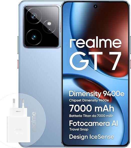 realme GT 7 Smartphone 5G 12+512 GB, chipset di punta Dimensity 9400e, batteria Titan da 7000 mAh, display da 6000 nit, fotocamera IMX906 OIS da 50 MP, AI Planner, IP69, IceSense Blu