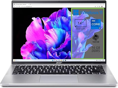 Acer Swift Go 14 SFG14-71-765R PC Portatile, Notebook, Intel Core i7-1355U, RAM 16 GB DDR5, 1024 GB PCIe SSD, Display 14" 2.8K OLED, Scheda Grafica Intel Iris Xe Eligible, Windows 11 Home, Grigio