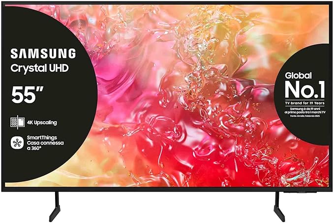 Samsung TV UE55DU7170UXZT LED 4K, Smart TV 55" Crystal Processor 4K, Slim Look, DVBT-2, Q-Symphony & OTS Lite, Integrato con Bixby, compatibile con Alexa e Google Assistant, Black 2024