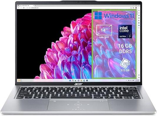 Acer Swift Go 14 SFG14-73-76EK PC Portatile, Notebook, Intel Core Ultra 7 155U, RAM 16 GB DDR5, 512 GB PCIe NVMe SSD, Display 14" 2.8K OLED 90 Hz, Scheda Grafica Intel, Windows 11 Home