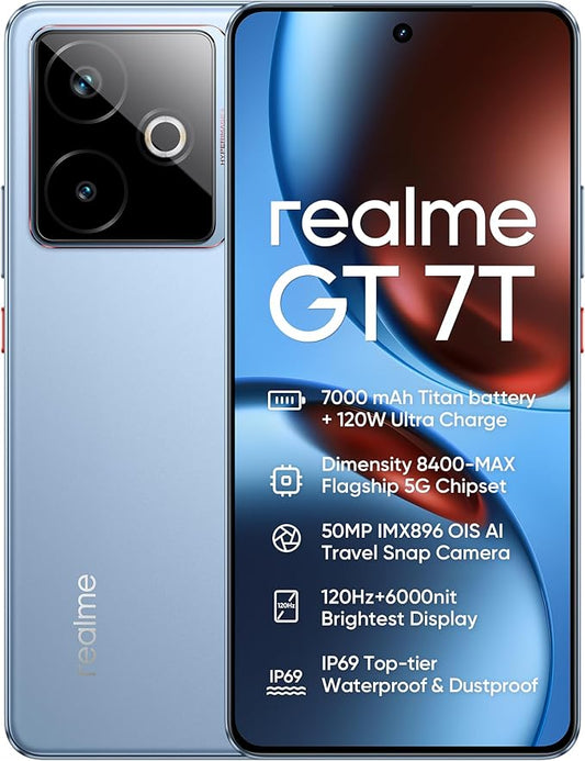 realme GT 7T 5G Smartphone, 12 GB+512 GB, Dimensity 8400-MAX 5G Chipset, 7000 mAh batteria, 120 W di carica, 50MP IMX896 OIS della macchina fotografica, 120 Hz 6000nit Display, IP69, Blu rr