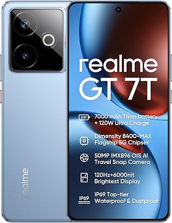 realme GT 7T 5G Smartphone, 12 GB+512 GB, Dimensity 8400-MAX 5G Chipset, 7000 mAh batteria, 120 W di carica, 50MP IMX896 OIS della macchina fotografica, 120 Hz 6000nit Display, IP69, Blu rr