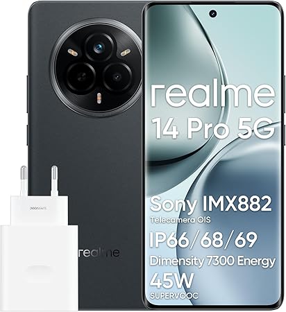 realme 14 Pro 5G Smartphone, 12 + 512GB, Cellulare, Chipset Dimensity 7300 Energy 5G, IP69, 50 MP Sony IMX882 OIS Fotocamera, Display 120Hz, Batteria da 5260 mAh, Grigio(Con Adattatore)