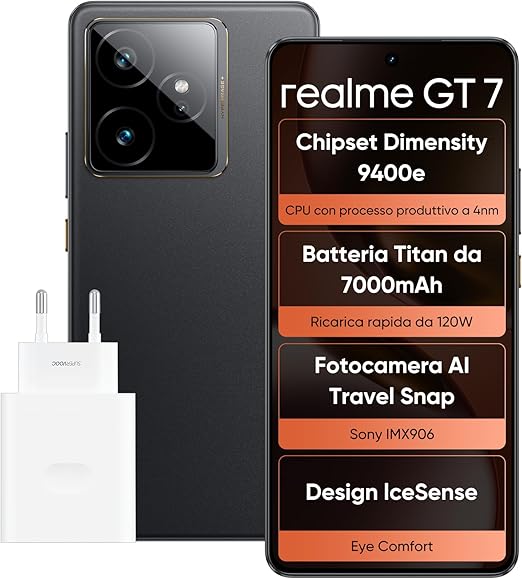 realme GT 7 Smartphone, 5G Dual SIM, 12 GB di RAM, 512 GB di ROM, display AMOLED da 6,8", chipset di punta Dimensity 9400e, batteria Titan da 7000 mAh, fotocamera da 50 MP, Nero (Adattatore incluso)