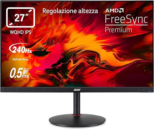 Acer Nitro XV272UW2bmiiprfx Monitor Gaming 27", Display WQHD IPS 240 Hz, 0,5 ms, FreeSync Premium, Luminosità 400 nits, HDMI 2.0, DP 1.4, Speaker Integrati, Regolazione altezza, Cavi HDMI, DP, Inclusi