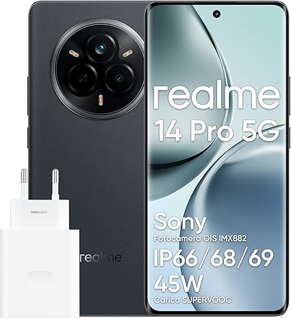 realme 14 pro 5G Smartphone, 12 + 512GB, MediaTek Dimensity 7300 Chipset, Fotocamera OIS da 50 MP, Display 3D curvo Vision da 6,77" a 120Hz, Batteria da 6000 mAh, grigio(Con adattatore)