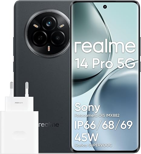 realme 14 pro 5G Smartphone, 12 + 512GB, MediaTek Dimensity 7300 Chipset, Fotocamera OIS da 50 MP, Display 3D curvo Vision da 6,77" a 120Hz, Batteria da 6000 mAh, grigio(Con adattatore)
