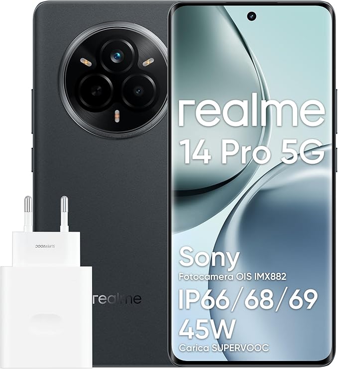 realme 14 pro 5G Smartphone, 12 + 512GB, MediaTek Dimensity 7300 Chipset, Fotocamera OIS da 50 MP, Display 3D curvo Vision da 6,77" a 120Hz, Batteria da 6000 mAh, grigio(Con adattatore)