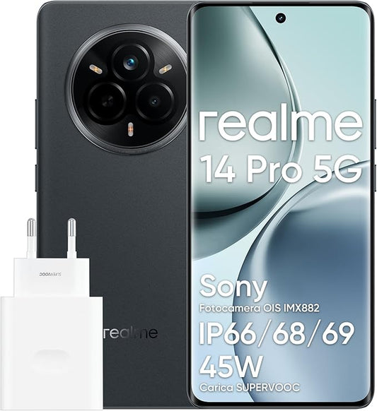 realme 14 pro 5G Smartphone, 12 + 512GB, MediaTek Dimensity 7300 Chipset, Fotocamera OIS da 50 MP, Display 3D curvo Vision da 6,77" a 120Hz, Batteria da 6000 mAh, grigio(Con adattatore)