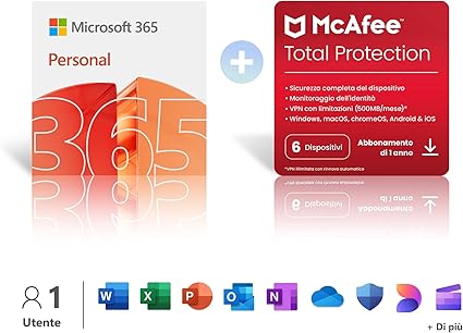 Microsoft 365 Personal | 12 mesi | 1 persona | 1 TB di spazio di archiviazione Onedrive| App Office con AI + McAfee Total Protection | 1 Dispositivo │ 5 utenti │ Codice d'attivazione via email