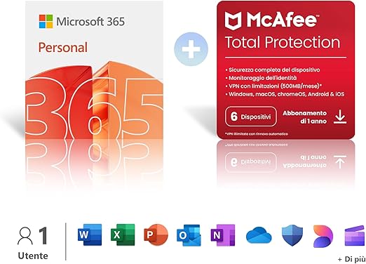 Microsoft 365 Personal | 12 mesi | 1 persona | 1 TB di spazio di archiviazione Onedrive| App Office con AI + McAfee Total Protection | 1 Dispositivo │ 5 utenti │ Codice d'attivazione via email