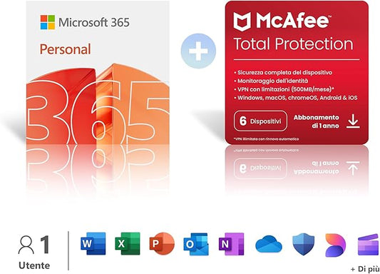 Microsoft 365 Personal | 12 mesi | 1 persona | 1 TB di spazio di archiviazione Onedrive| App Office con AI + McAfee Total Protection | 1 Dispositivo │ 5 utenti │ Codice d'attivazione via email