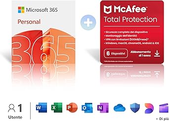 Microsoft 365 Personal | 12 mesi | 1 persona | 1 TB di spazio di archiviazione Onedrive| App Office con AI + McAfee Total Protection | 1 Dispositivo │ 5 utenti │ Codice d'attivazione via email