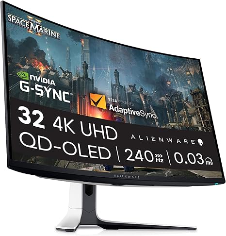 Alienware AW3225QF 32" 4K UHD 3840x2160 1700R Monitor Gaming Curvo, 240Hz, QD OLED, 0.03ms, NVIDIA G-SYNC Compatible, HDR, Dolby Vision, USB-C, DisplayPort, 2x HDMI, 4x USB