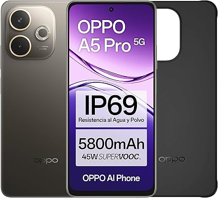 OPPO A5 Pro 5G Smartphone Libero con IA, 8GB RAM + 256GB, Schermo 6.67" 120Hz, Fotocamera 50MP, Batteria 5800, Ricarica Rapida 45W, Versione spagnola, Custodia inclusa - Marrone