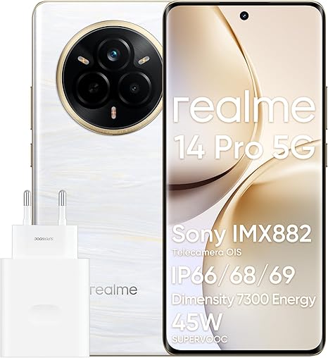 realme 14 Pro 5G Smartphone, 12 + 512GB, Cellulare, Design che Cambia Colore Sensibile al Freddo, IP69, 50 MP Sony IMX882 OIS Fotocamera, Display 120Hz, Batteria da 5260 mAh, Bianco(Con Adattatore)