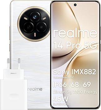 realme 14 Pro 5G Smartphone, 12 + 512GB, Cellulare, Design che Cambia Colore Sensibile al Freddo, IP69, 50 MP Sony IMX882 OIS Fotocamera, Display 120Hz, Batteria da 5260 mAh, Bianco(Con Adattatore)