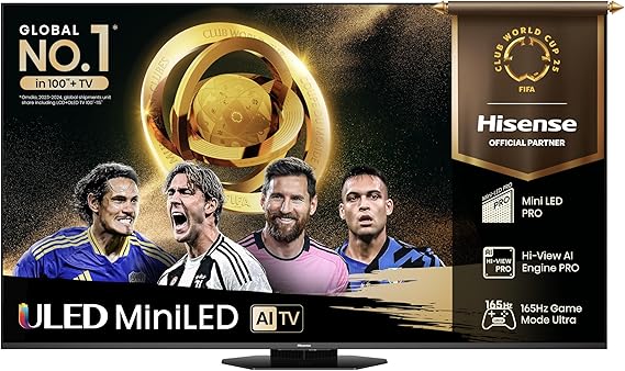 Hisense TV 65" Mini-LED 165Hz 4K 2025 65U8Q, Octagonal Stand, Dolby Atmos Multi-Channel Surround 4.1.2, Smart TV VIDAA U9 con 1000+APP, Dolby Vision IQ, HDR 10+, 165Hz Game Mode Ultra, Alexa Built-in
